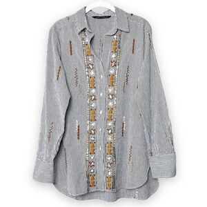 Zara Woman button front shirt blouse top striped boho embroidered beaded neutral